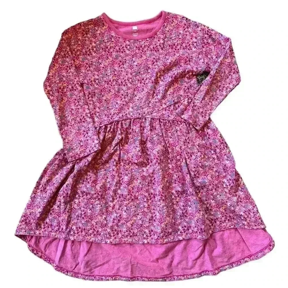 Girls Tea Collection Pink Floral Flower High Low Twirl Dress Long Sleeve Size 10